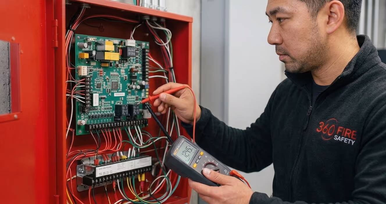 Technician in 360 Fire Safety jacket testing wiring on a fire alarm control panel with a multimeter.