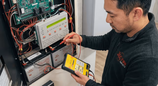Technician using a yellow multimeter to test wiring inside an electrical control panel.