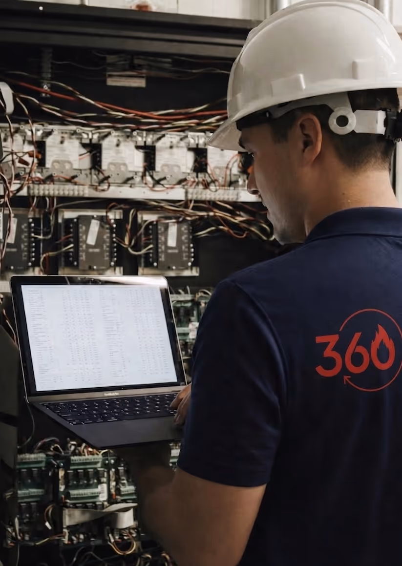 Technician in a hard hat holding a laptop and inspecting an electrical control panel with many wires.