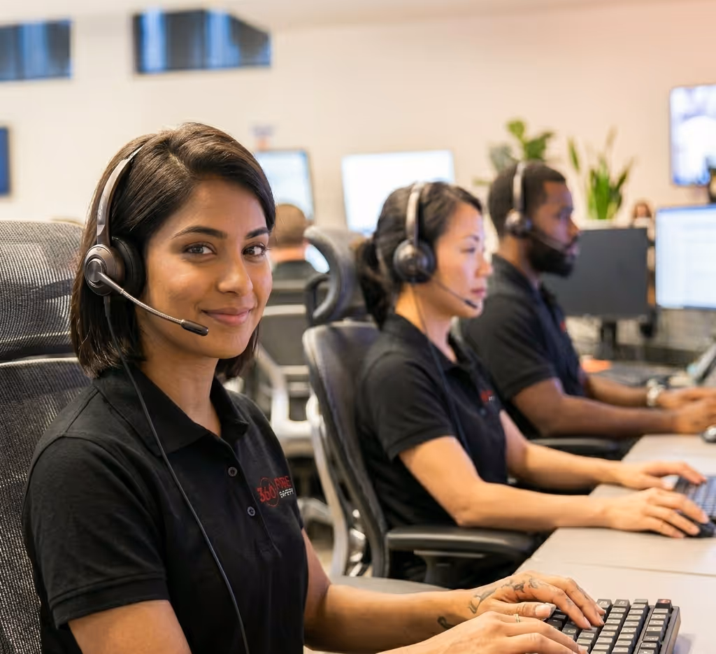 Three customer service representatives wearing headsets working at computers in an office.