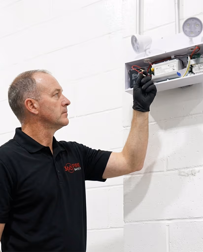 Technician in black gloves inspecting wiring inside a wall-mounted emergency light unit.