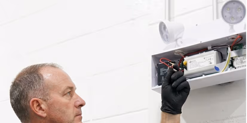Man wearing black gloves inspecting or repairing wiring inside an open white electrical box on a wall.