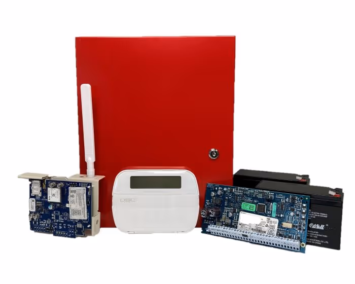 Electronic security system components including a red control panel, circuit boards, batteries, and a white keypad.