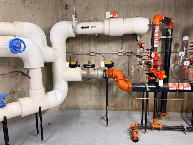 Industrial plumbing system with large white, orange, and black pipes, valves, and pressure gauges.