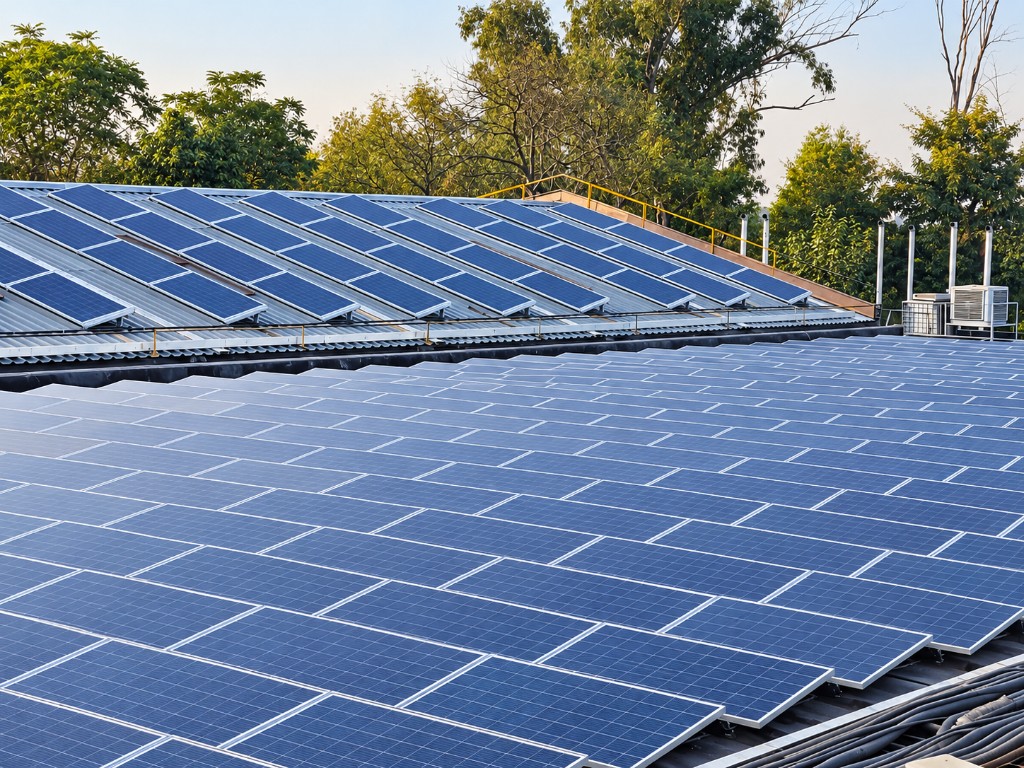Rows of rooftop solar panels at the Uniproducts plant in Haryana