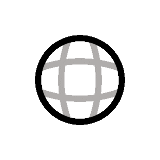 Spinning globe icon with black outer ring and grey grid lines on dark background.