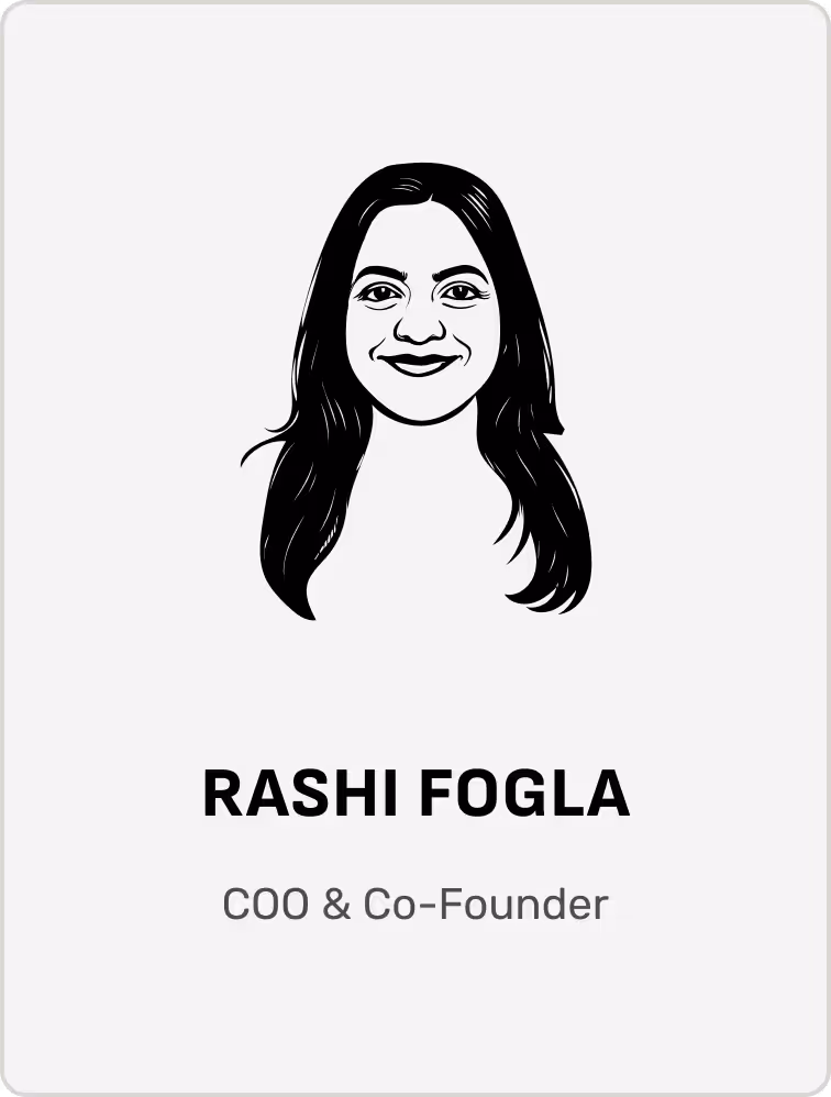 Illustration of a woman with long hair smiling, labeled Rashi Fogla, COO & Co-Founder.