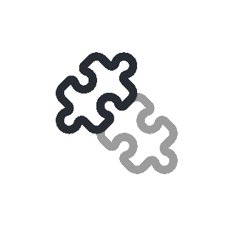 Two interlocking puzzle pieces, one dark and one light gray, on a white background.