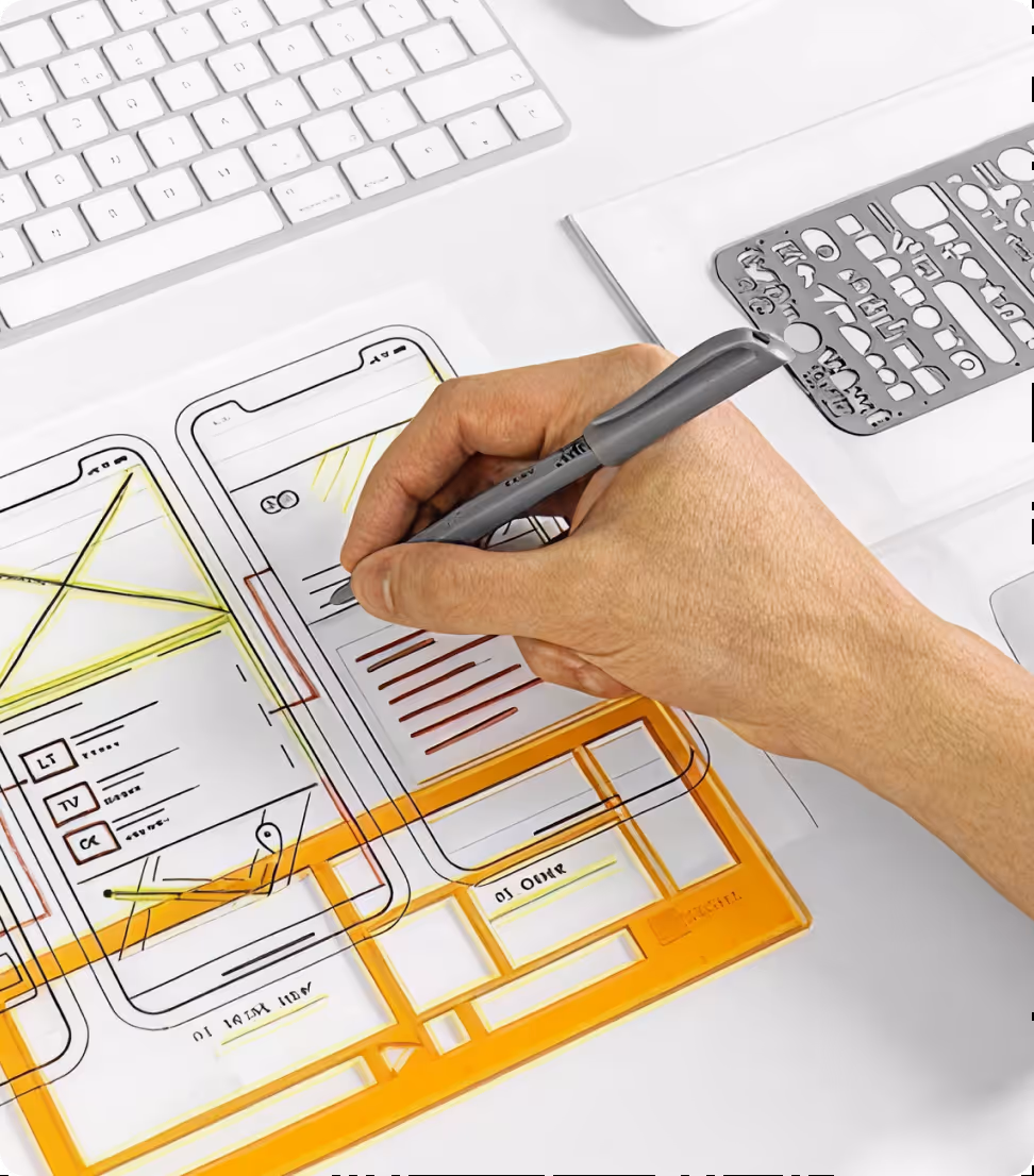 Hand sketching and designing wireframes for a mobile app interface on transparent templates with a keyboard and drawing tools nearby.
