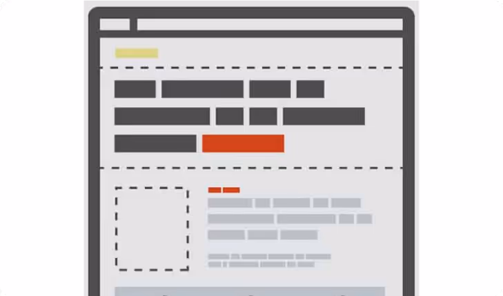 Simplified webpage wireframe with highlighted text blocks and dashed rectangular areas indicating content layout.
