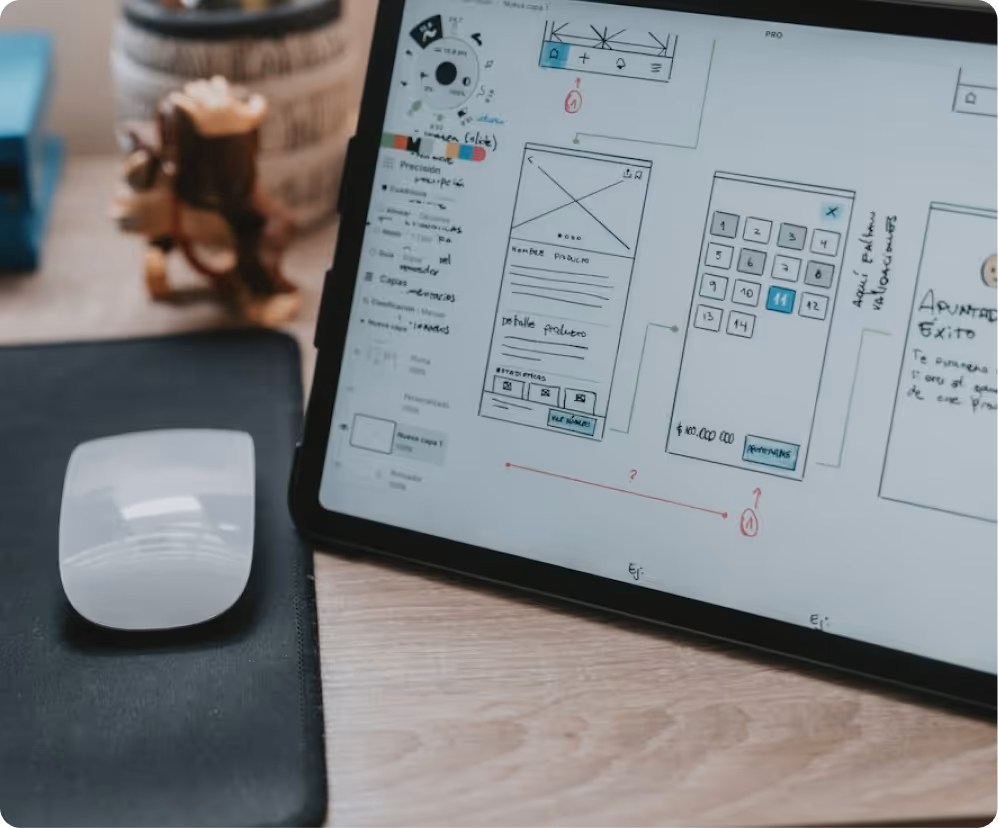 Tablet on a desk displaying a wireframe design with handwritten notes and a white computer mouse on a black pad beside it.