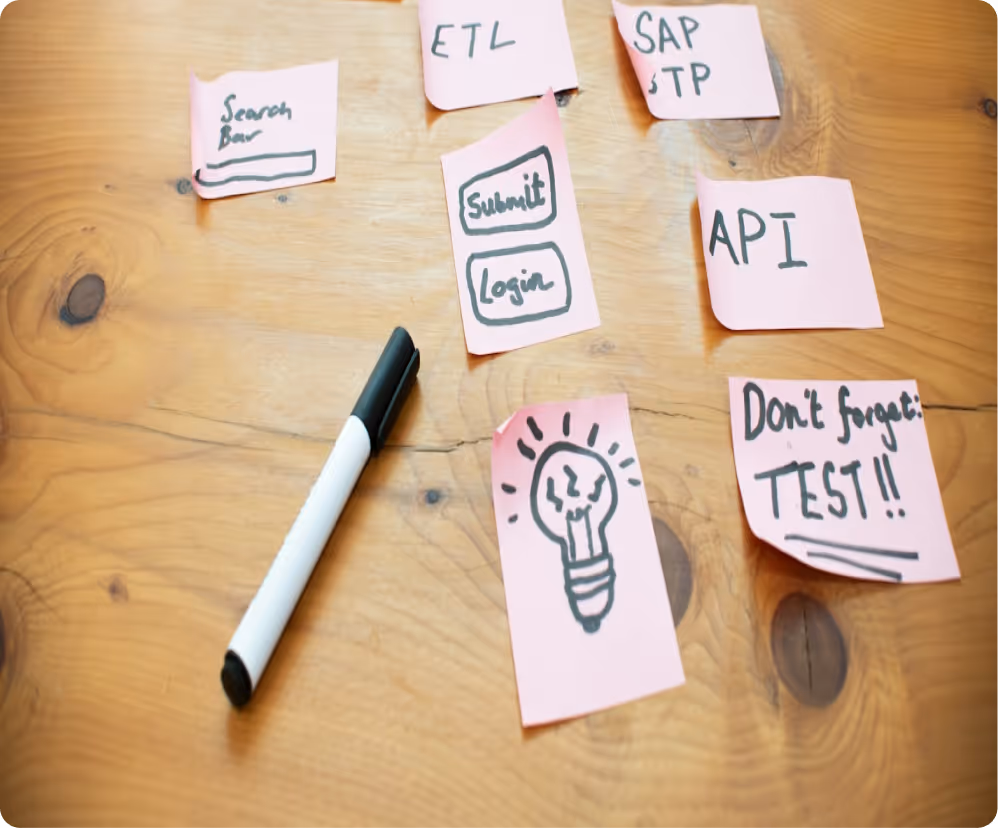 Pink sticky notes on wooden surface with handwritten words: Search Bar, ETL, SAP STP, Submit, Login, API, Don't forget: TEST, and a lightbulb drawing, with a black and white marker nearby.