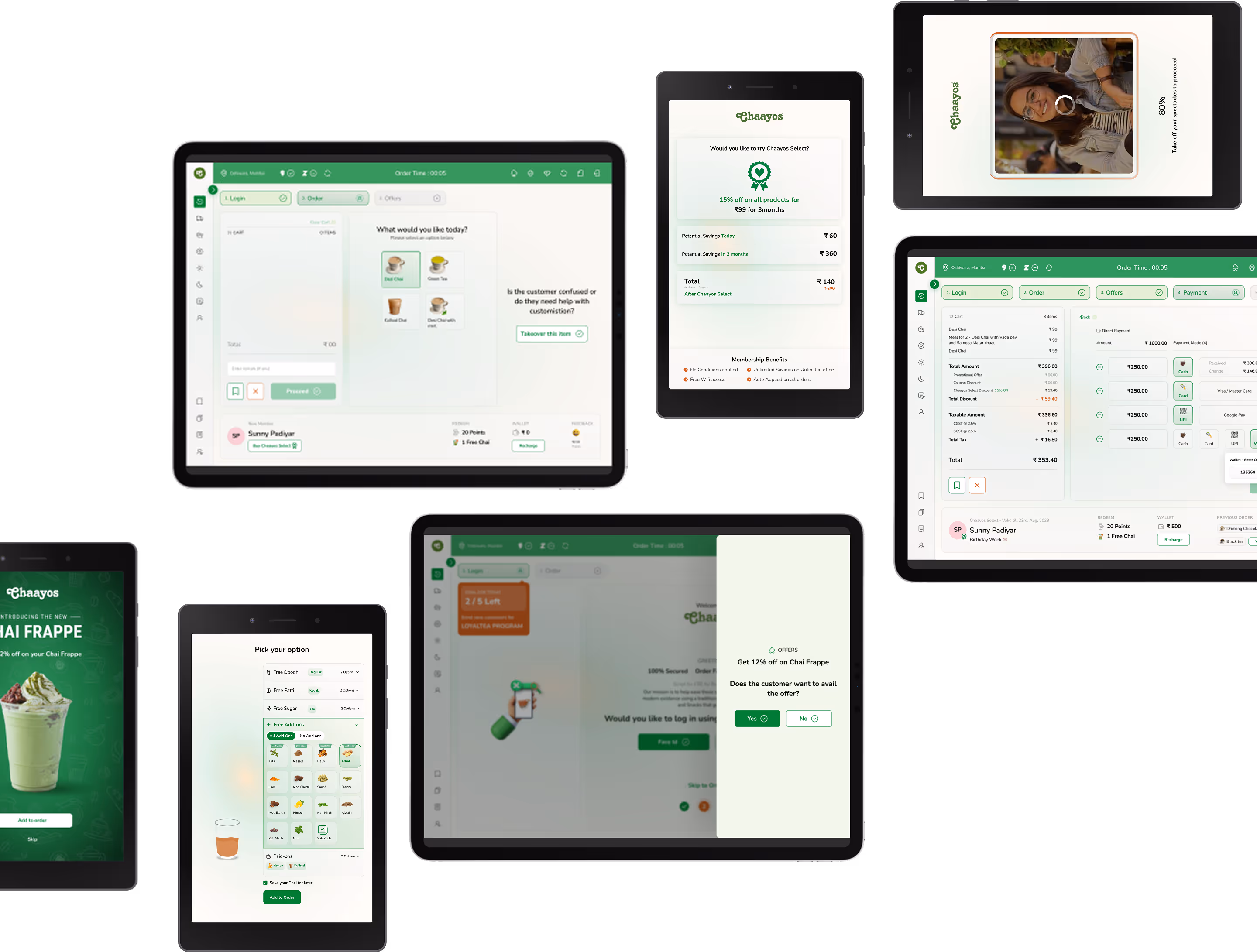 Multiple screenshots of Chaayos app on tablets showing order interface, customization options, membership benefits, and payment page.