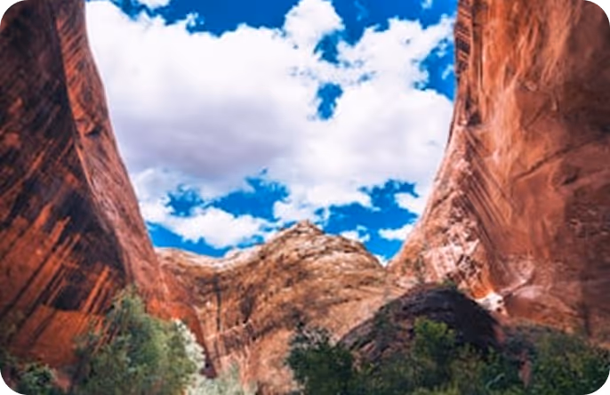 View of red rock canyon walls under a blue sky with white clouds and green vegetation below.