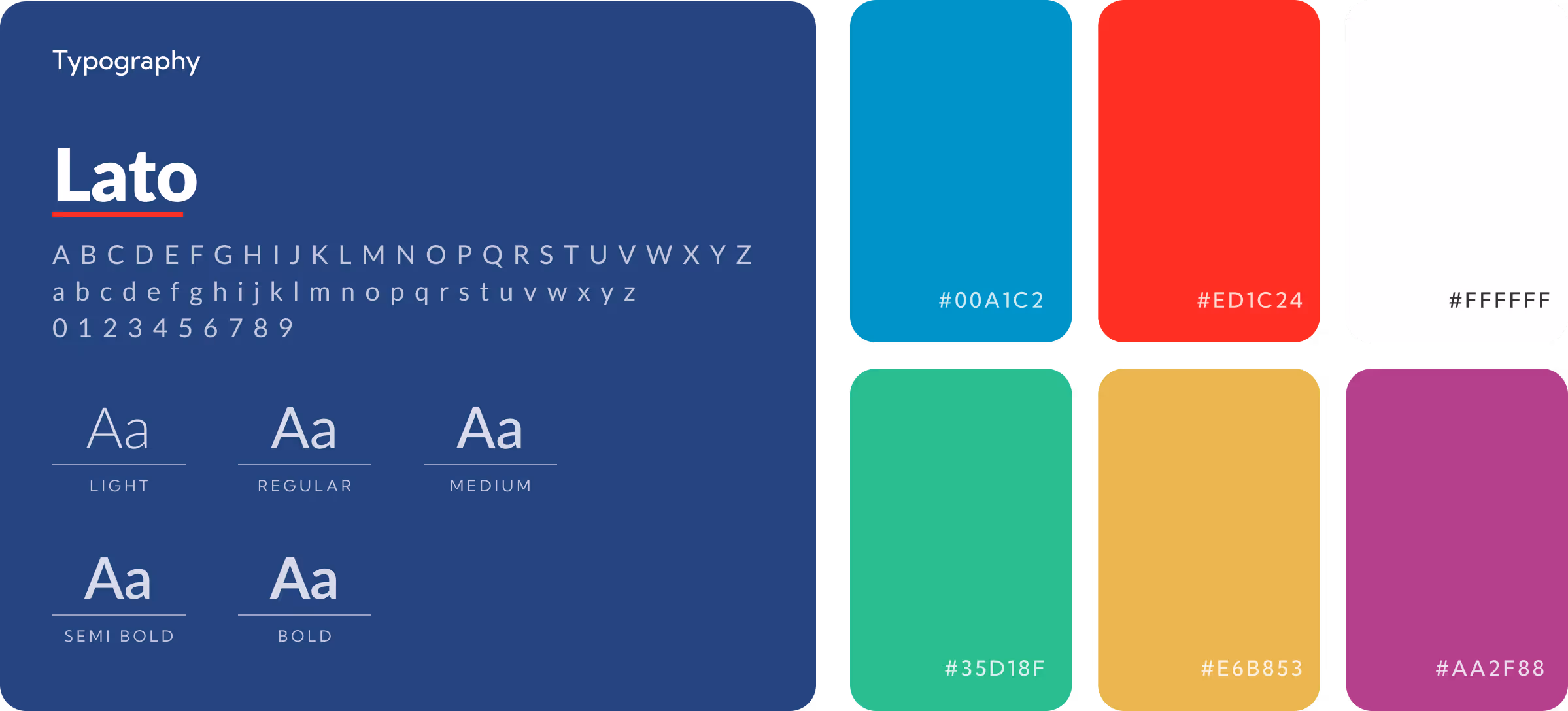 Typography sample of Lato font with uppercase, lowercase, and numbers, showing light, regular, medium, semi bold, and bold weights; six color swatches with hex codes #00A1C2, #ED1C24, #FFFFFF, #35D18F, #E6B853, and #AA2F88.
