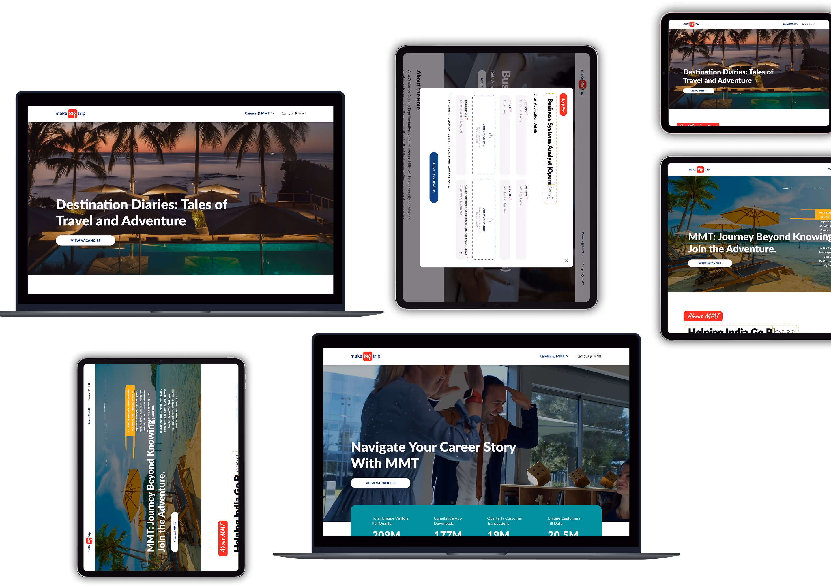 Collage of multiple devices showing MakeMyTrip career and travel webpage screenshots including tropical beach scenes and career navigation.