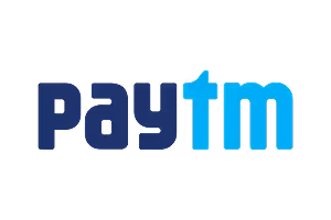 Paytm logo with 'Pay' in dark blue and 'tm' in light blue on a black background.