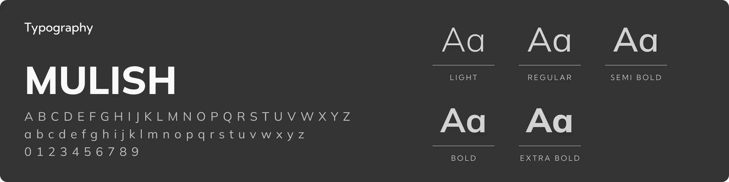 Typography sample of Mulish font showing uppercase, lowercase letters, numbers, and five weights: Light, Regular, Semi Bold, Bold, Extra Bold.