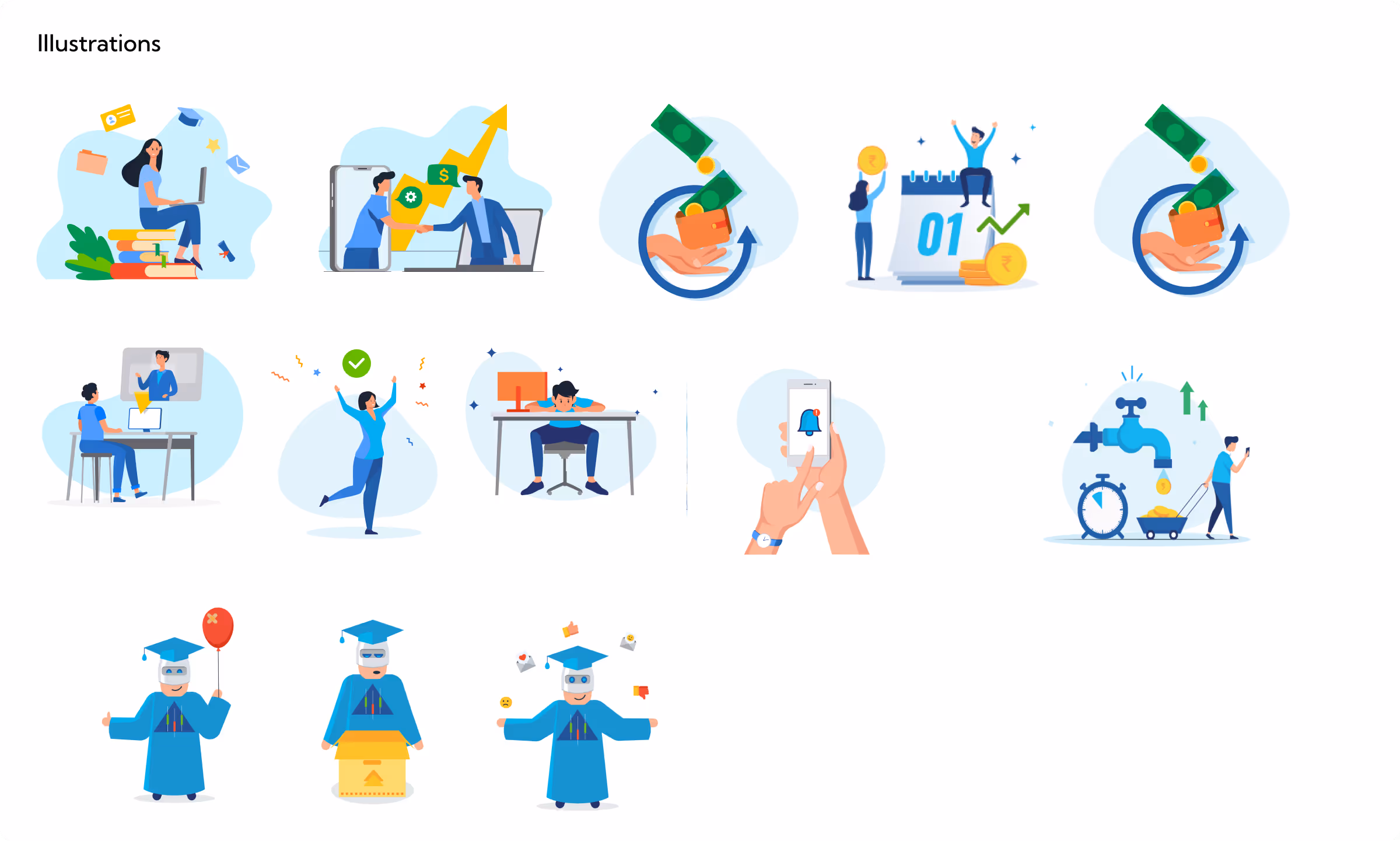 Set of twelve colorful illustrations depicting concepts like online education, business handshake, money flow, calendar planning, teaching, celebration, boredom, smartphone notification, time management, and a robot graduate with various expressions.