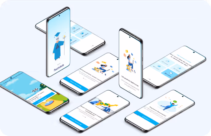 Seven smartphones displaying various app screens including a graduation character, progress charts, and task completion illustrations on a light background.