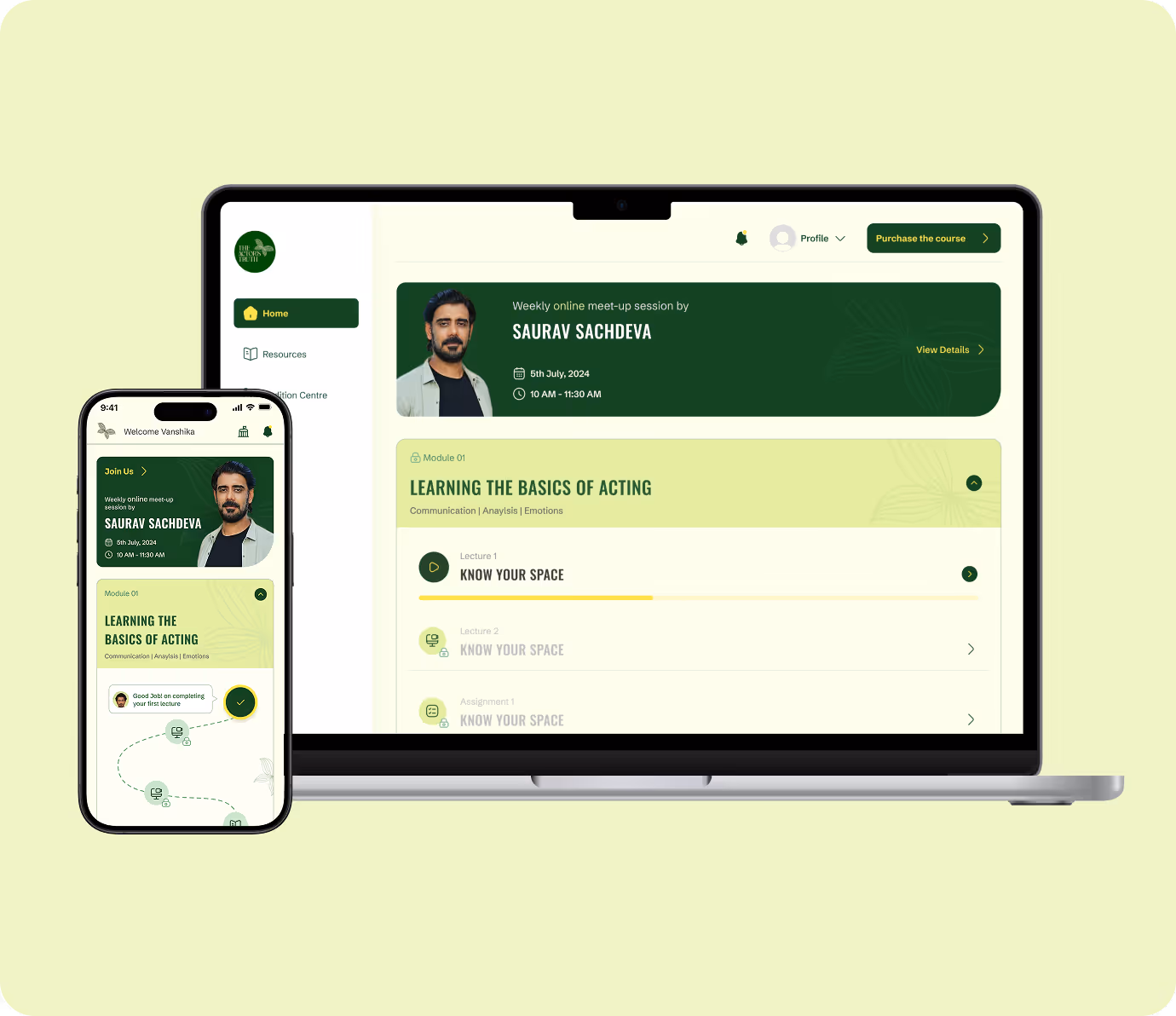Laptop and smartphone showing an online acting course interface with session details and modules by Saurav Sachdeva.