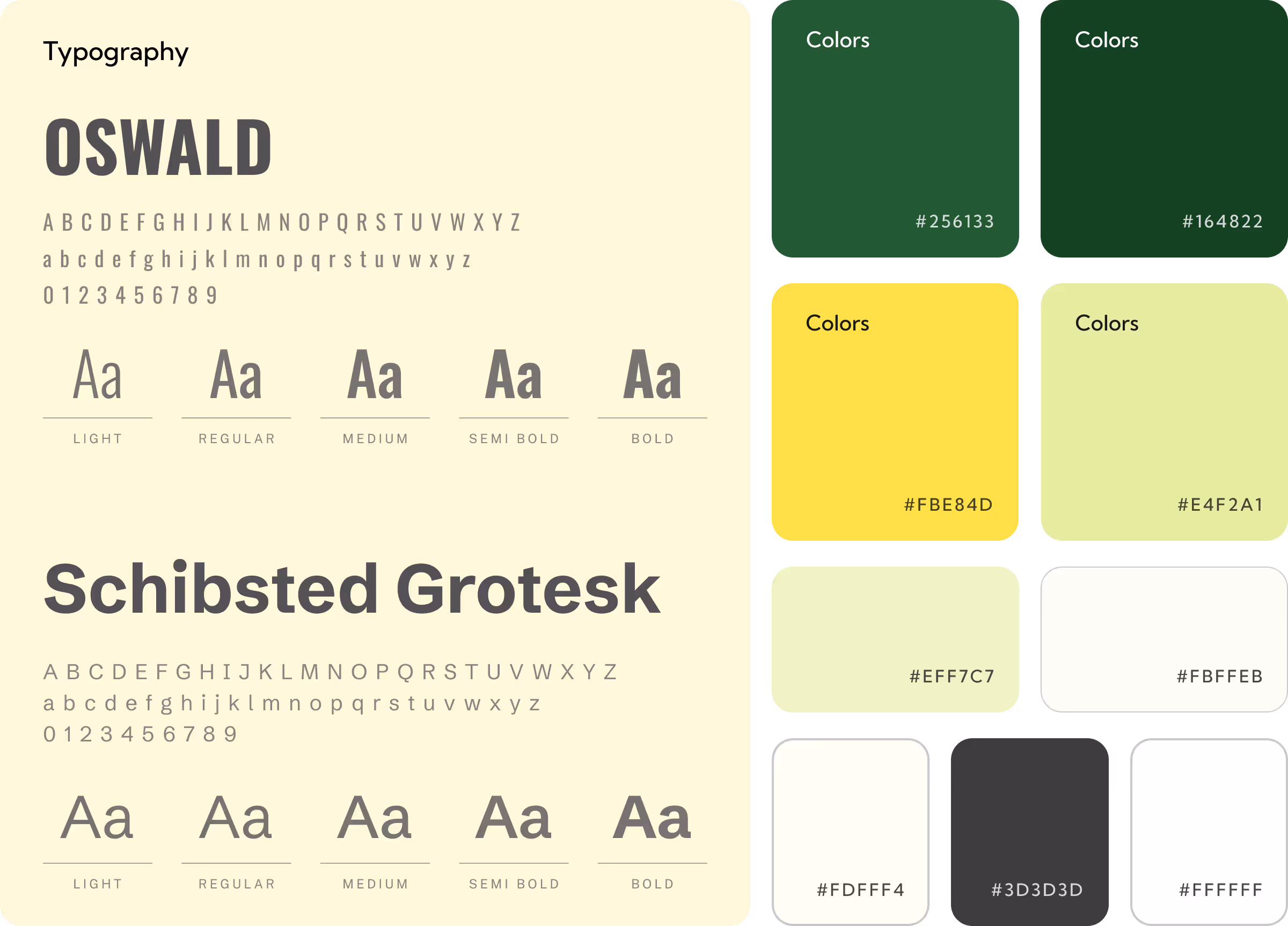Typography samples for Oswald and Schibsted Grotesk fonts in various weights, alongside a palette of color swatches with hex codes including dark green, yellow, light green, white, and gray.