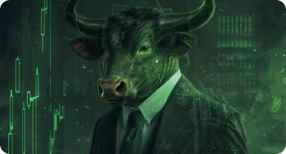 Bull-headed figure wearing a suit with financial charts in the background, symbolizing bullish market sentiment.