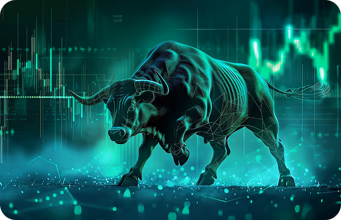 Digital 3D illustration of a bullish bull with financial stock chart data in the background.