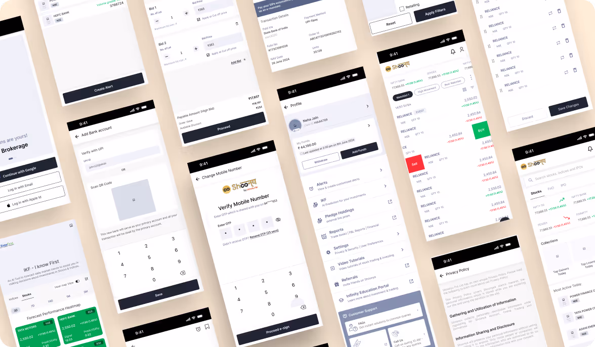 Multiple mobile screens showing a financial app interface with features like account setup, mobile verification, stock trading, alerts, reports, and privacy policy.