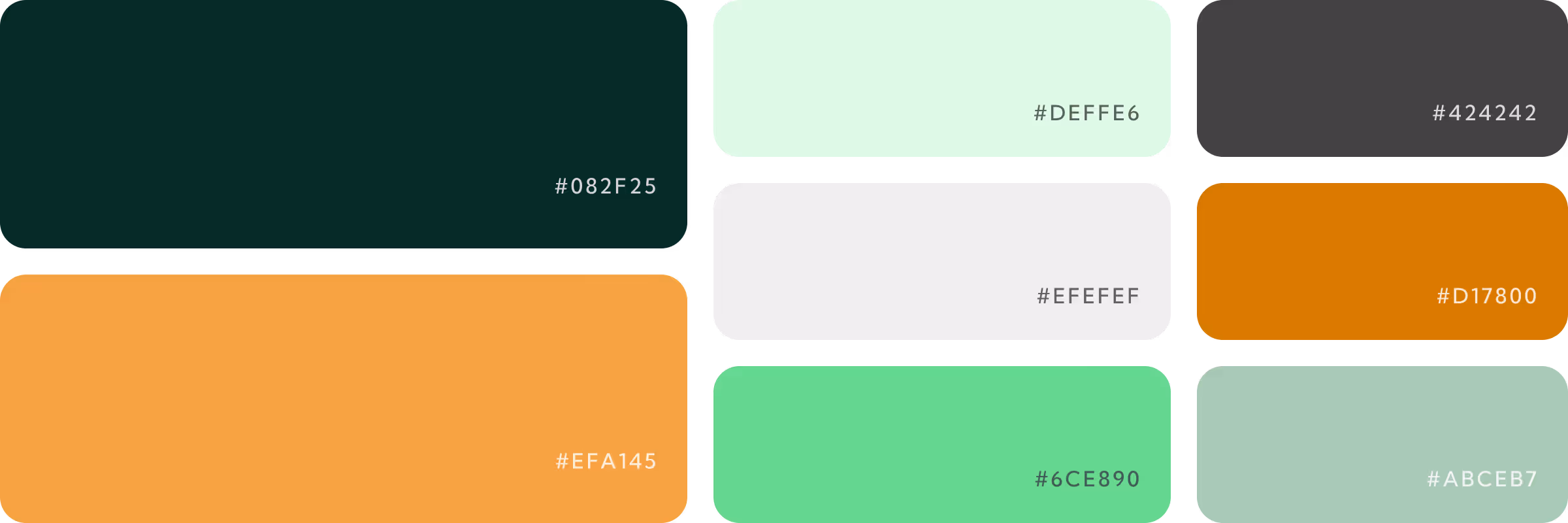 Color palette with eight rectangular swatches showing hex codes #082F25, #EFA145, #DEFFE6, #424242, #EFEFEF, #D17800, #6CE890, and #ABCEB7.