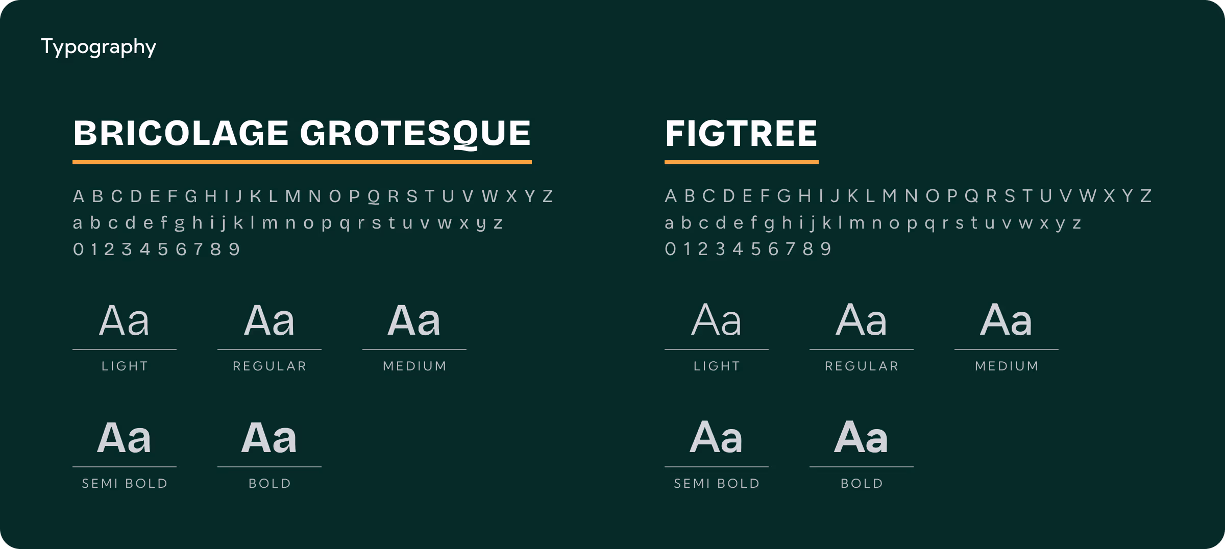 Typography chart displaying two font families: Bricolage Grotesque and Figtree, each showing uppercase and lowercase alphabets, numbers, and six weights labeled Light, Regular, Medium, Semi Bold, and Bold.