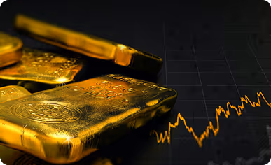 Stacked gold bars with a fluctuating stock market graph in the background.
