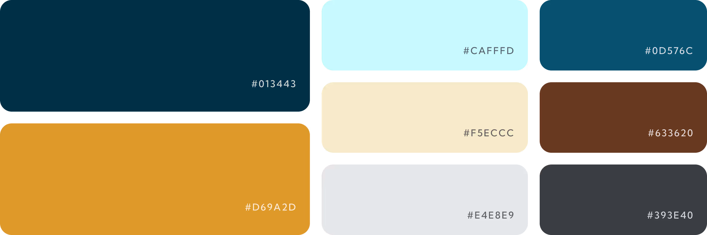 Color palette with nine rectangles in teal (#013443), light cyan (#CAFFFD), dark teal (#0D576C), mustard yellow (#D69A2D), cream (#F5ECCC), brown (#633620), light gray (#E4E8E9), and dark gray (#393E40).