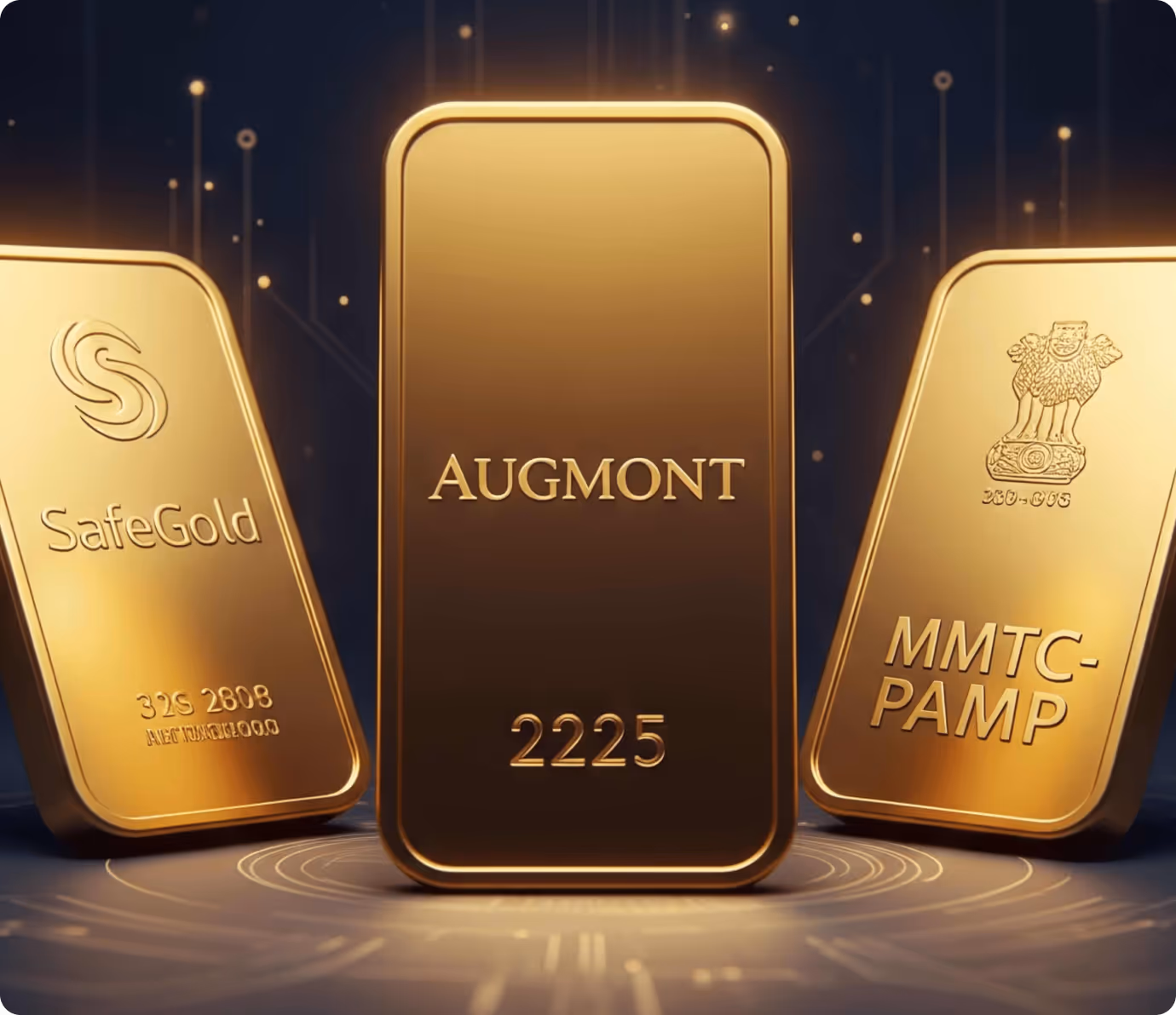 Three gold bars with inscriptions SafeGold, AUGMONT 2225, and MMTCPAMP against a dark background with glowing light particles.