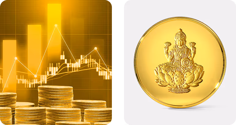 Stacks of gold coins in front of a financial chart with rising bars and line graphs, and a gold coin depicting a seated goddess on a lotus flower.
