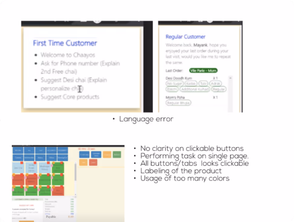 UX audit slide showing two sections: first time customer and regular customer instructions with a note about language error; below is a color-coded interface screenshot with usability issues listed: no clarity on clickable buttons, performing task on single page, all buttons/tabs look clickable, labeling of product, and usage of too many colors.
