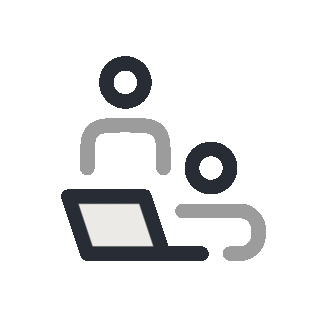 Icon of two people, one sitting with a laptop and the other standing, symbolizing mentorship or collaboration.