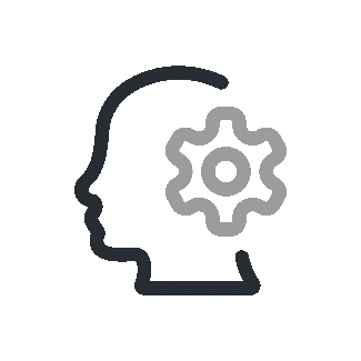 Outline of a human head with a gear inside representing thinking or mental processes.
