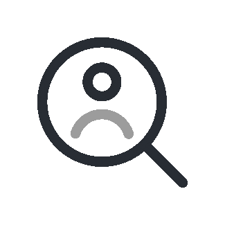 Magnifying glass icon with a sad face inside on a dark background.