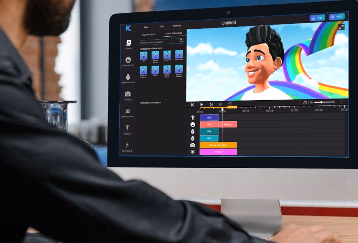 Person working on a desktop computer editing a 3D animated character with a rainbow background.