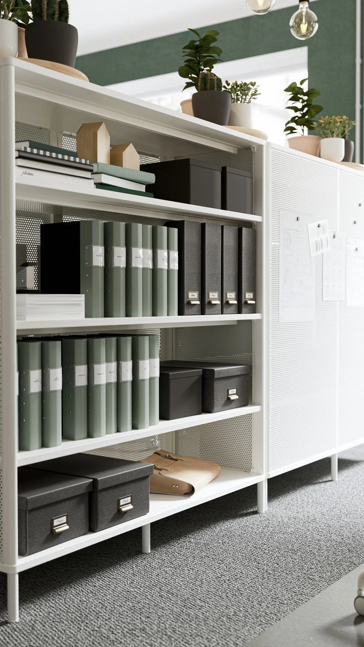 White office shelf with green, black binders, black boxes, wooden decor, and potted plants on top.