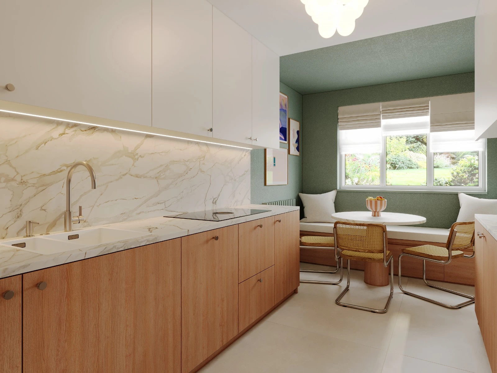 Modern kitchen with wood lower cabinets, white upper cabinets, marble backsplash, and a green nook with seating.