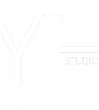 Black and white stylized Y with square outline and faint text 'STUDIOS'