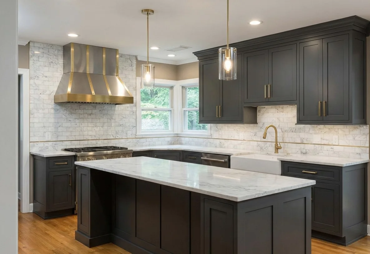 Modern kitchen with beige cabinetry, marble countertops and backsplash, stainless steel appliances, and a central island with a gold faucet.