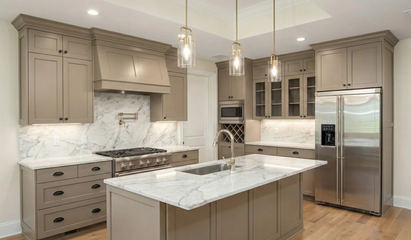 Modern kitchen with beige cabinetry, marble countertops and backsplash, stainless steel appliances, and a central island with a gold faucet.