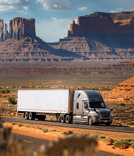 Silver semi-truck driving on a desert road with large rock formations in the background under a partly cloudy sky.