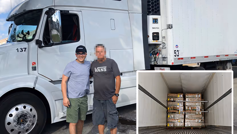 Two men standing next to a white semi truck with a smaller inset image showing pallets of boxes secured inside the truck trailer.