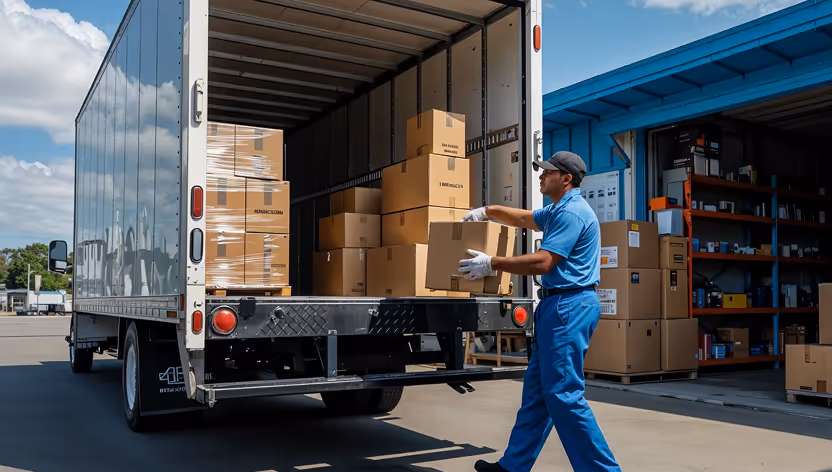 Worker in blue uniform loading cardboard boxes into the back of a delivery truck outside a warehouse.