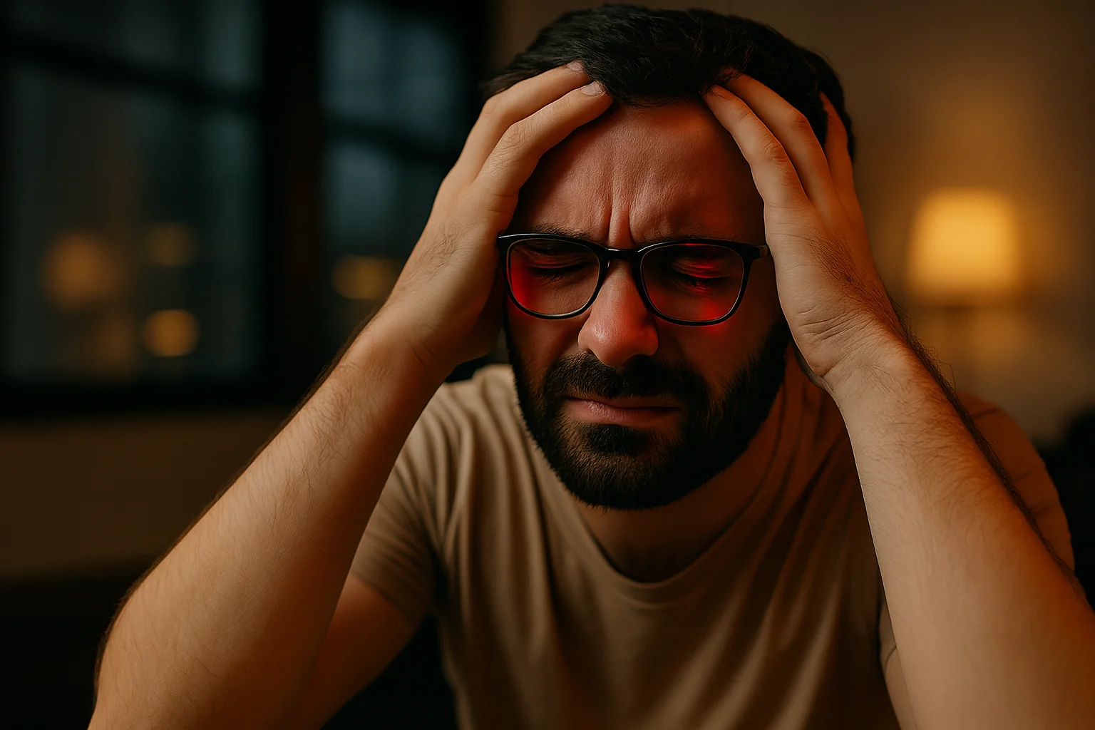 Mann mit starken Kopfschmerzen und Migräne als Beispiel für chronische Schmerzbelastung