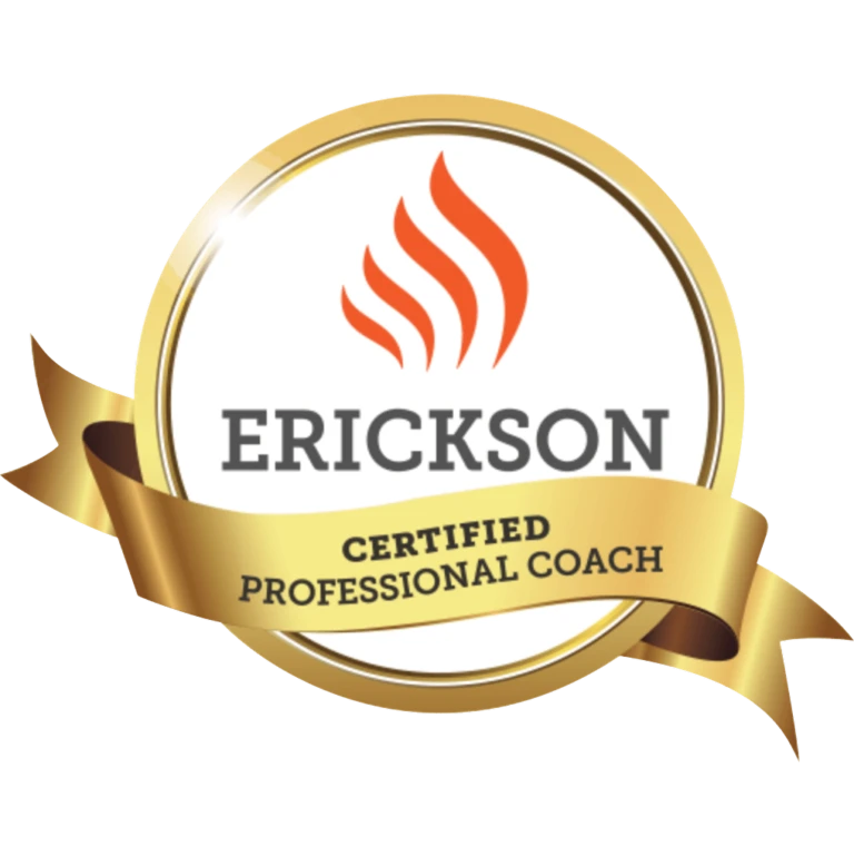 Erickson logo with orange flame symbol inside a gold circle and a gold ribbon reading 'Certified Professional Coach'.